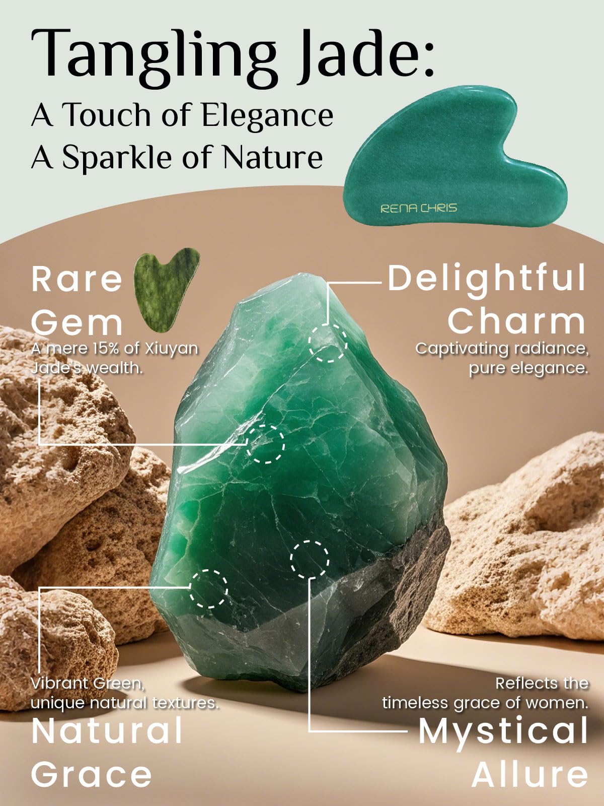 Rena Chris Gua Sha Facial Tools: Natural Jade Stone Guasha Tool for Face Acupuncture Therapy, Facial Massager for Jawline Sculpt