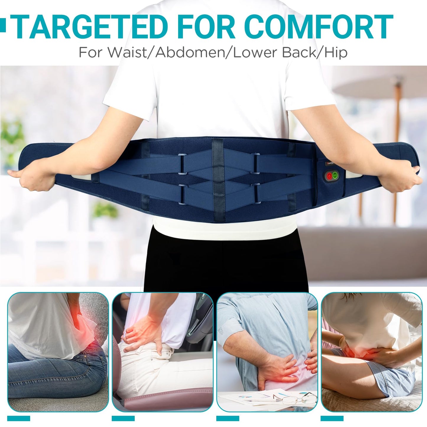 Comfytemp Cordless Heating Pad with Massager for Back, Portable Lower Back Massager FSA Eligible HSA Rechargeable Wireless Electric, Birthday Gifts for Women Men Mom Dad Seniors 3 Heat 30Auto-Off Blue