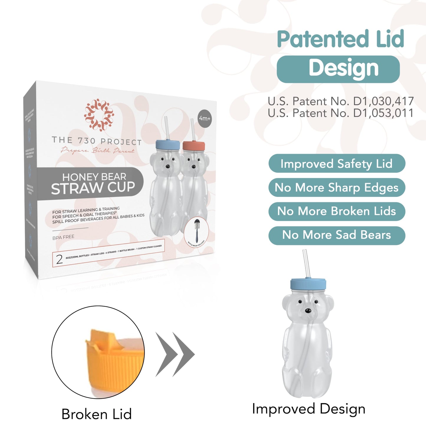 The 730 Project Honey Bear Straw Cup for Babies, 2-Pack Honey Bear Bottle with Travel Lid, Therapy Learning Honeybear Straw Cup, Baby Bottle Set, 8 oz, Blueberry Pie & Firetruck