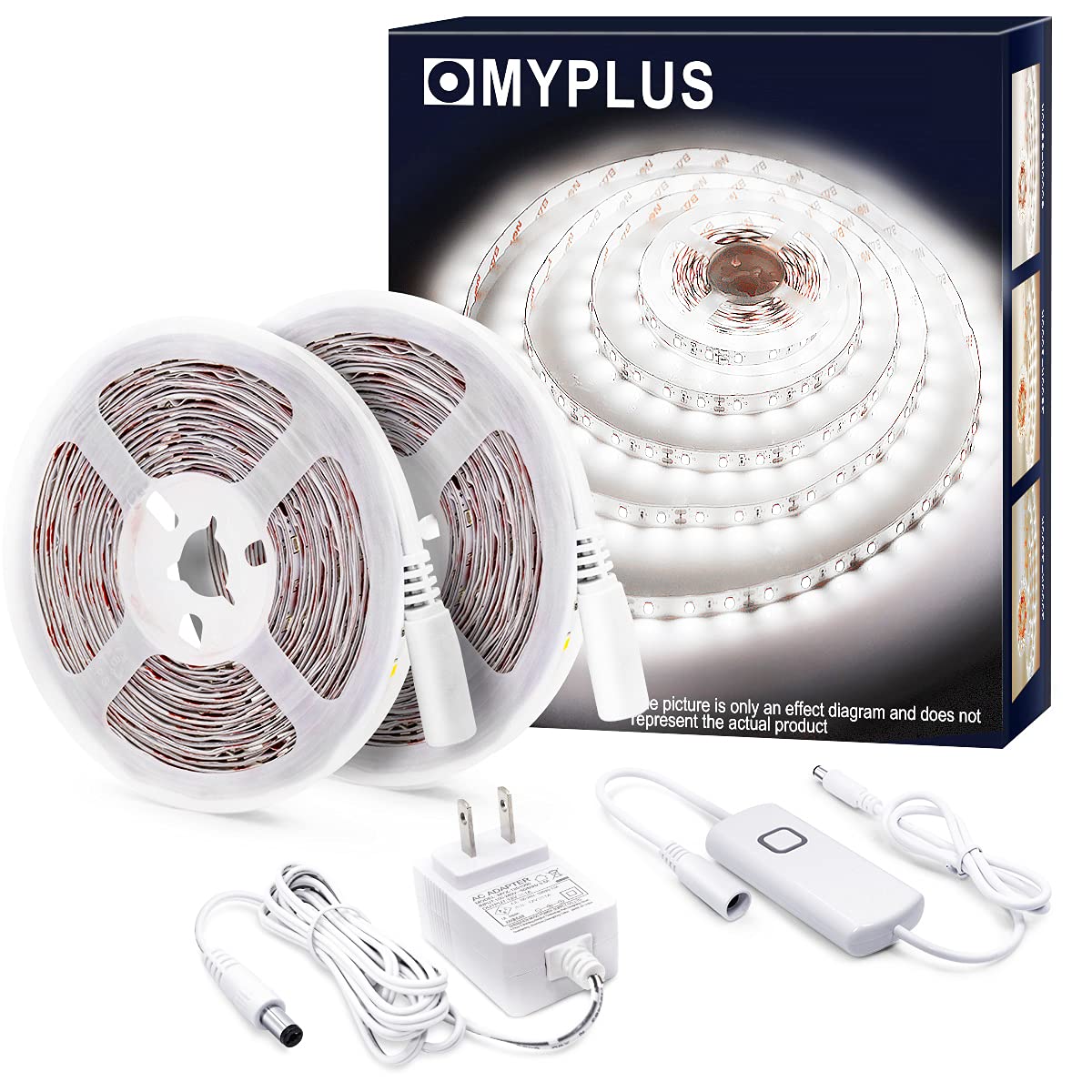 MYPLUS Dimmable LED Strip Lights 32.8FT 600 LEDs Cold White 6500K for Under Cabinet Lighting