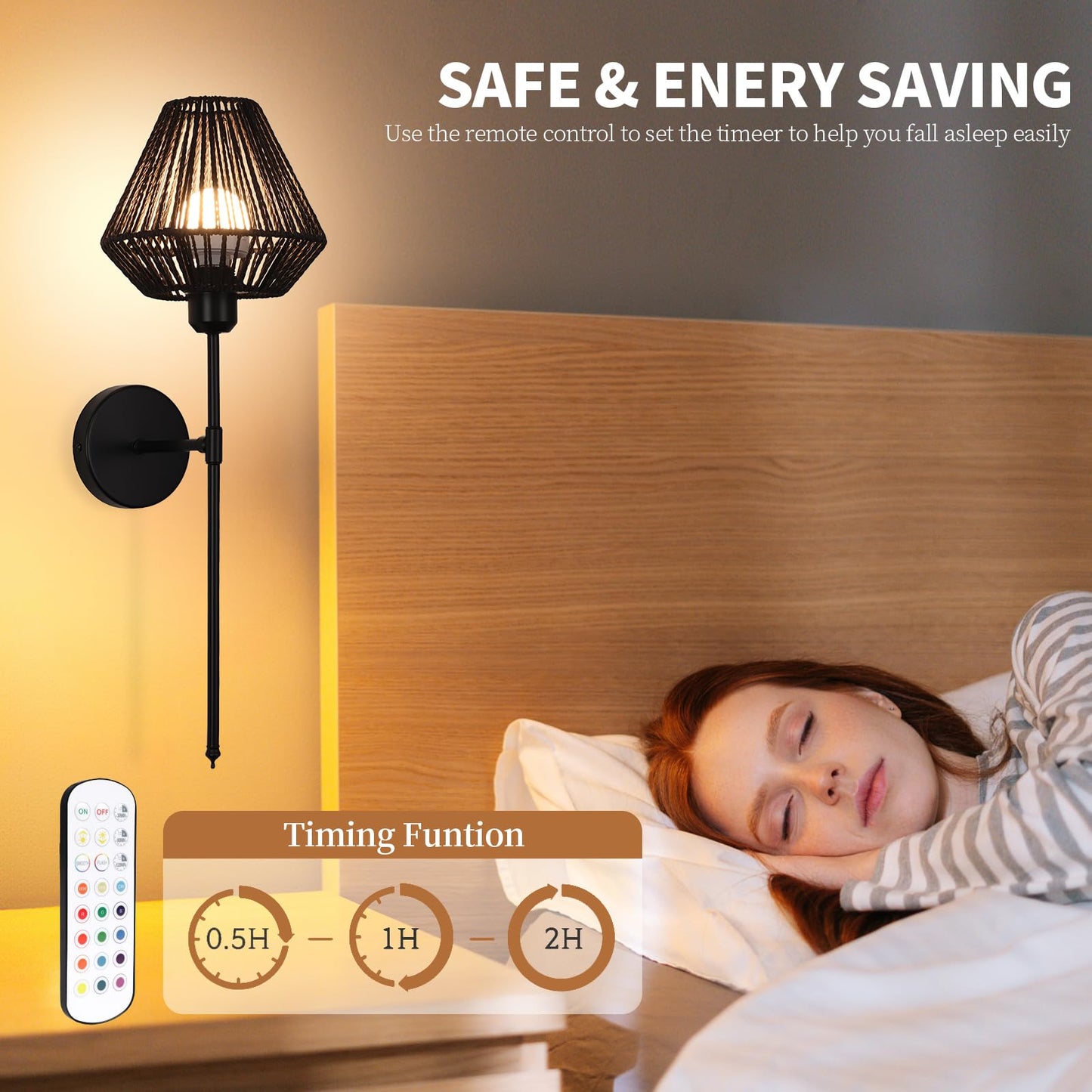 Ovyiech Wall Sconces Set of 2, Dimmable Rattan Rechargeable Light with Remote, 15 Color Changing, Black, Model YH8803H