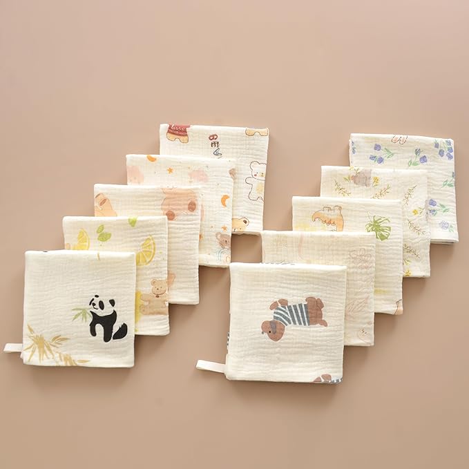 Baby washcloths,Soft Newborn Face Towels for Sensitive Skin,Cute Patterns for Infant,Toddler,Kids and Makeup Remover, 10 Pack 12x12 inches Registry as Shower (Animals)