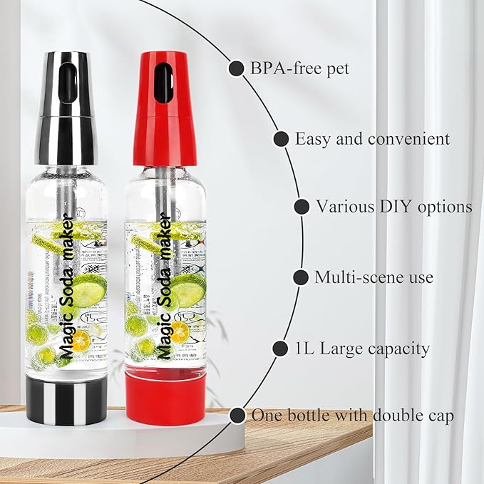 Sparkling Water Maker, Portable Soda Maker with 1L PET Carbonating Bottles, Soda Water Maker for Flavored Drinks, Soda Machine (Silver)
