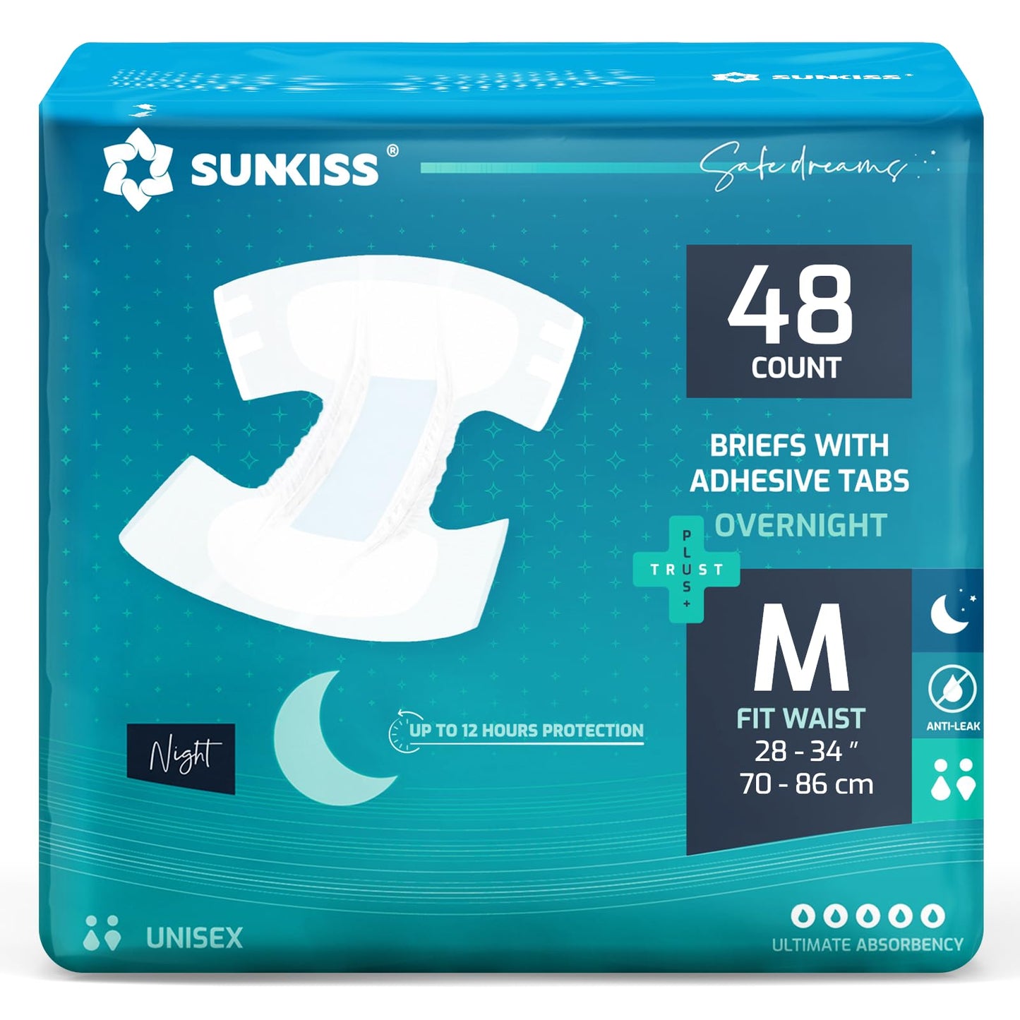 SUNKISS TrustPlus Overnight Adult Diapers with Tabs, Unisex Disposable Incontinence Briefs for Men and Women, Odor Control, Medium, 48 Count (4 Packs of 12)