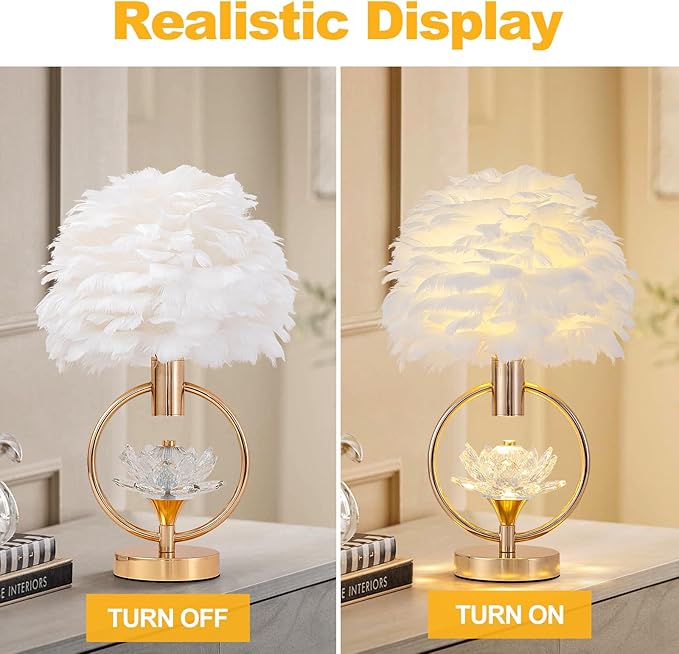 ZYLEIESENBAO Chic White Feather Lamp 17IN Modern Crystal Fluffy Table Lamp Cute Romantic Bedside Nightstand Light Nordic Furry Desk Lamp for Girl Bedroom Living Room Entry Office Hotel Party Wedding