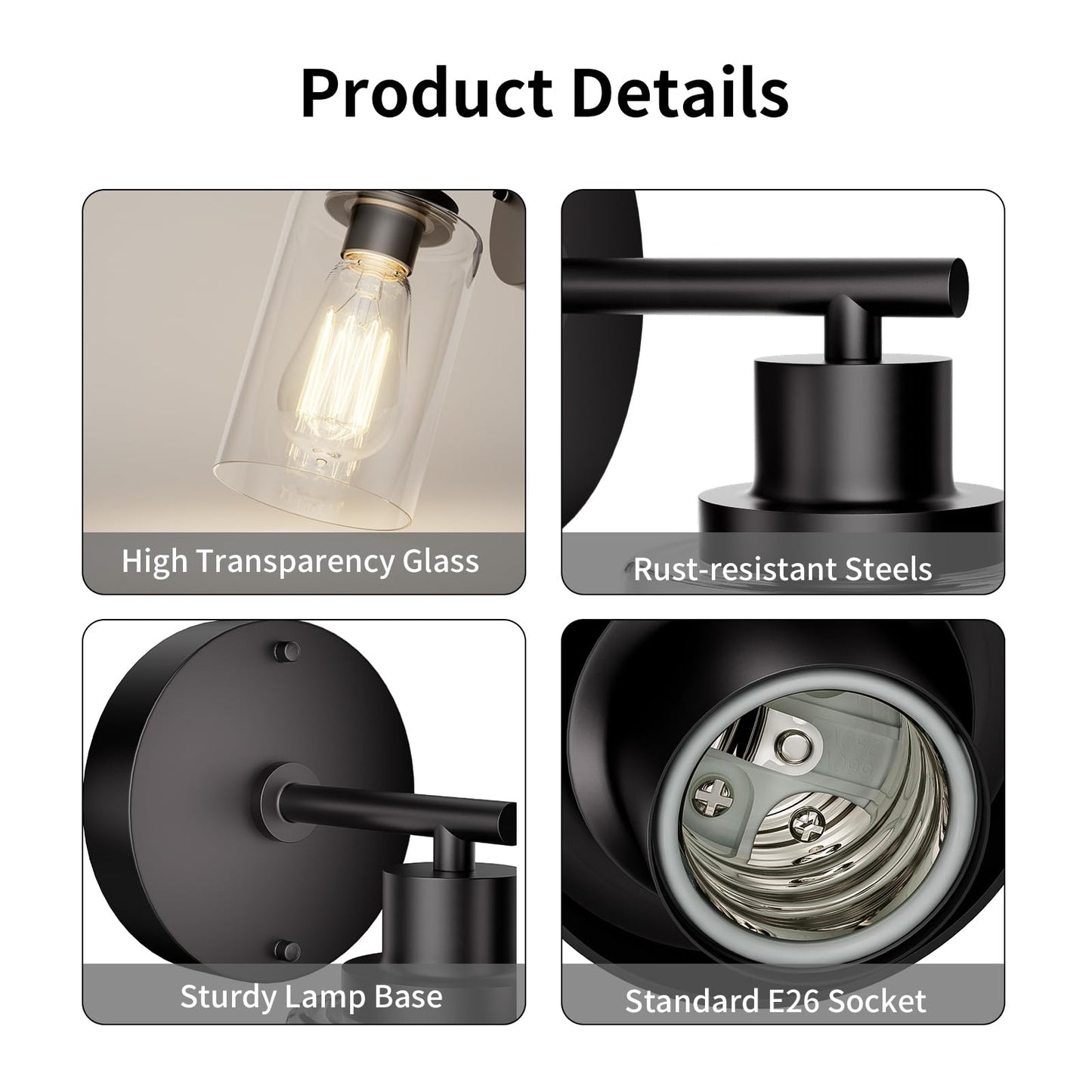 Buthy Bathroom Wall Sconces Set Of Two: Black Vanity Light Fixtures With E26 Base Led Cordless Indoor Wall Mount Lamp For Mirror Bedroom Hallway Stairway Modern Decor Lighting