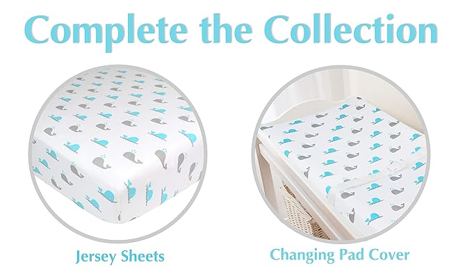 American Baby Company Printed 100% Cotton Knit Fitted Contoured Changing Table Pad Cover - Compatible with Mika Micky Bassinet, Aqua Whale, for Boys and Girls