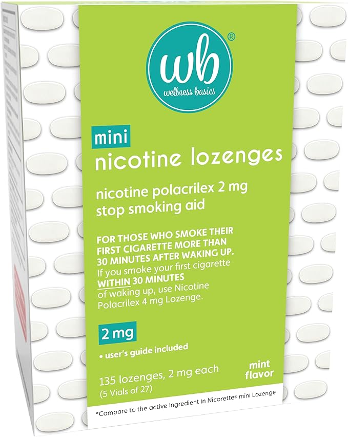 Wellness Basics Mini Nicotine Lozenge 2mg | Stop Smoking Aid | Mint Flavor | 135 Count | Pack of 5 Vials | Reduces Craving...