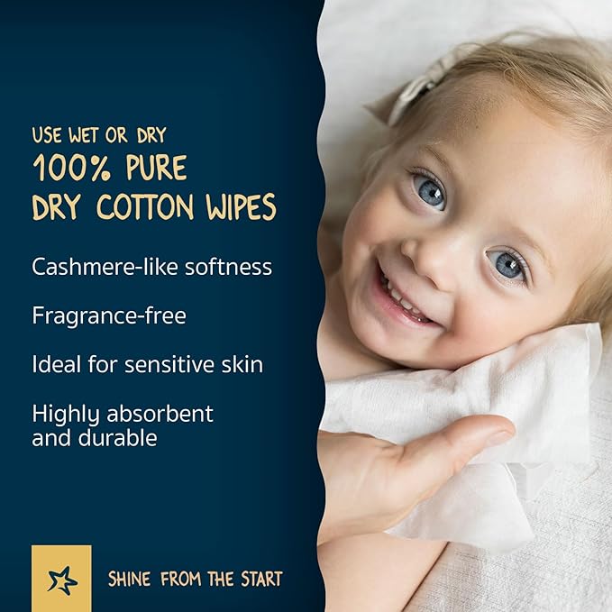 Tiny Twinkle 100% Cotton Dry Wipes for Baby | 480 Count | Use Wet or Dry | Scent Free (Fragrance-Free), Hypoallergenic & Chemical-Free | Ultra Soft, Strong & Gentle for Sensitive Skin