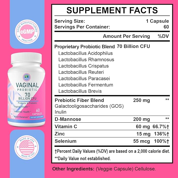Vaginal Probiotics, 70 Billion CFU 13 Strains Probiotics for Women, with Prebiotic & D-Mannose, Womens Probiotic for Vaginal Health, Urinary, pH Balance, Immune & Digestive, 120 Capsules