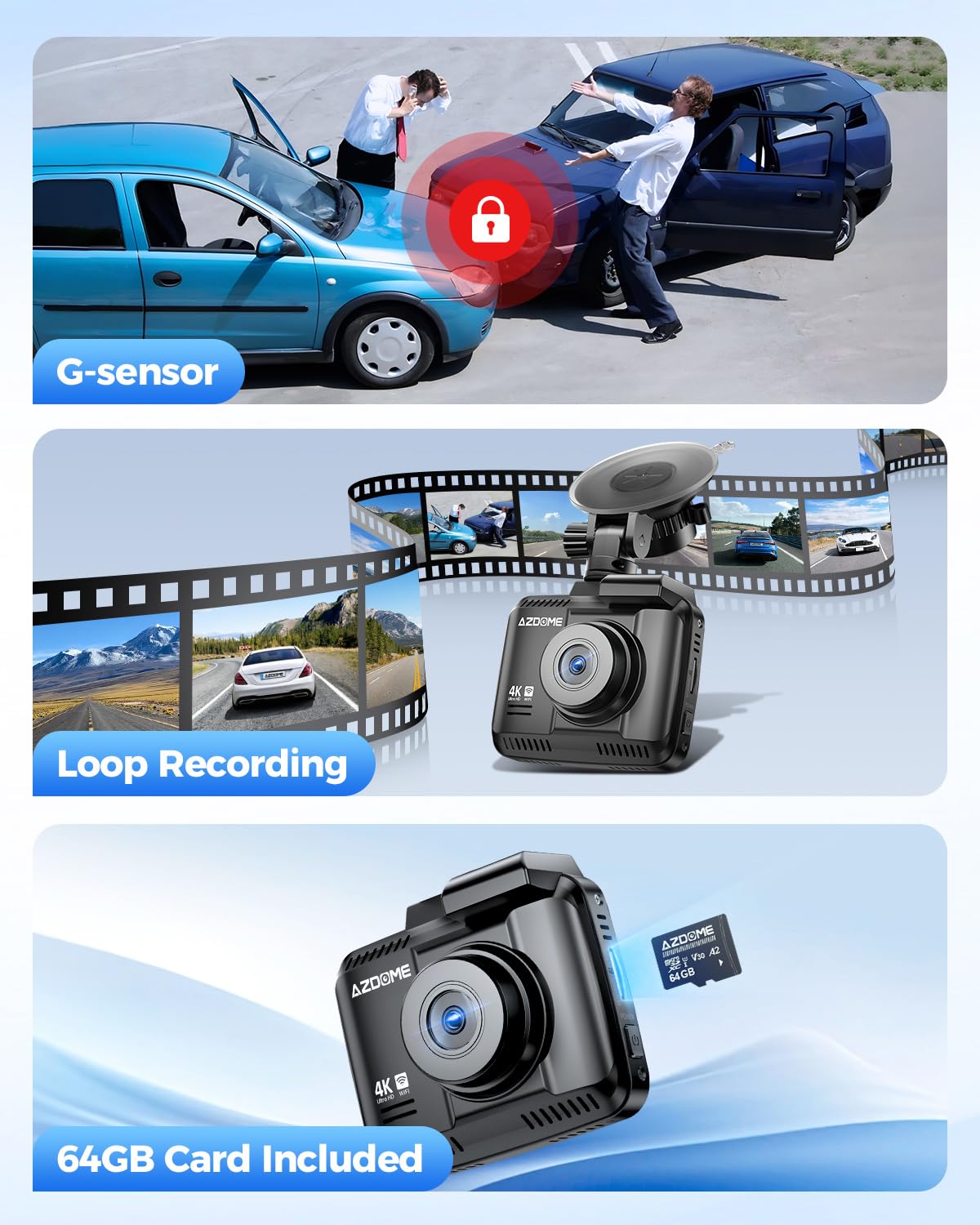 AZDOME 4K Dash Cam Front and Rear, STARVIS Night Vision, UHD 2160P WiFi Dash Camera for Cars with GPS, Included 64GB Card, 2.4" IPS Screen Dashcam, 170°Wide Angle, WDR, 24H Parking Mode (GS63H Pro)