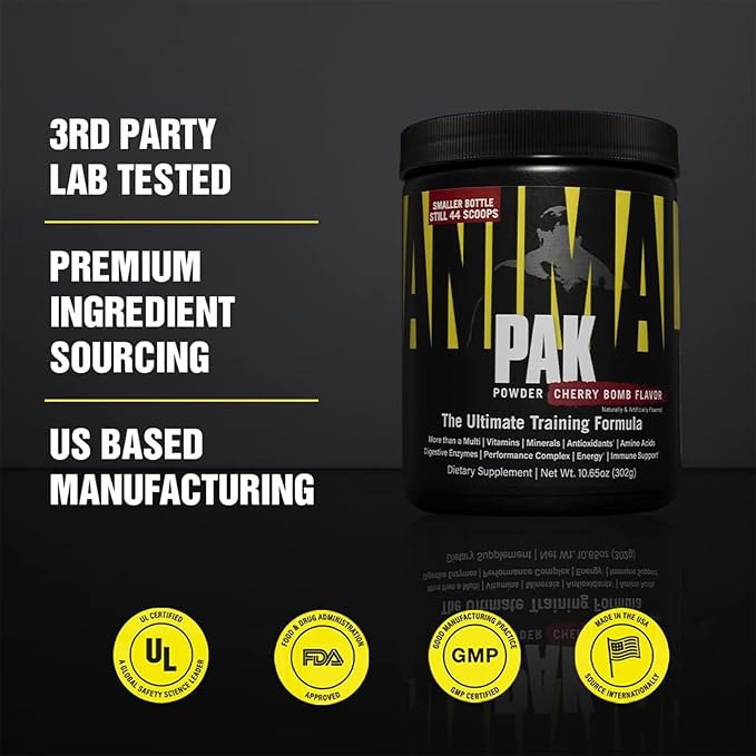 Animal Pak – Convenient All-in-One Vitamin & Supplement Powder – Zinc, Vitamins C, B, D, Amino Acids and More – Sports Nutrition Performance Multivitamin for Women & Men – 44 Scoops, Cherry Bomb