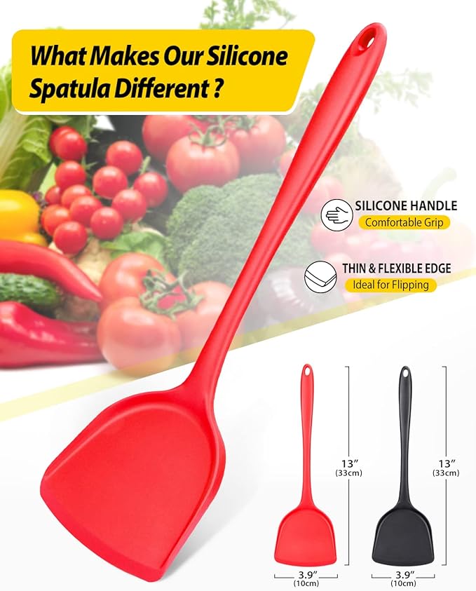 Pack of 2 Silicone Wok Spatula, Non-Stick, Heat Resistant, Easy to Clean and Dishwasher Safe, Seamless Kitchen Utensil for Cooking, Baking, Stir-Fry (Black-Red)