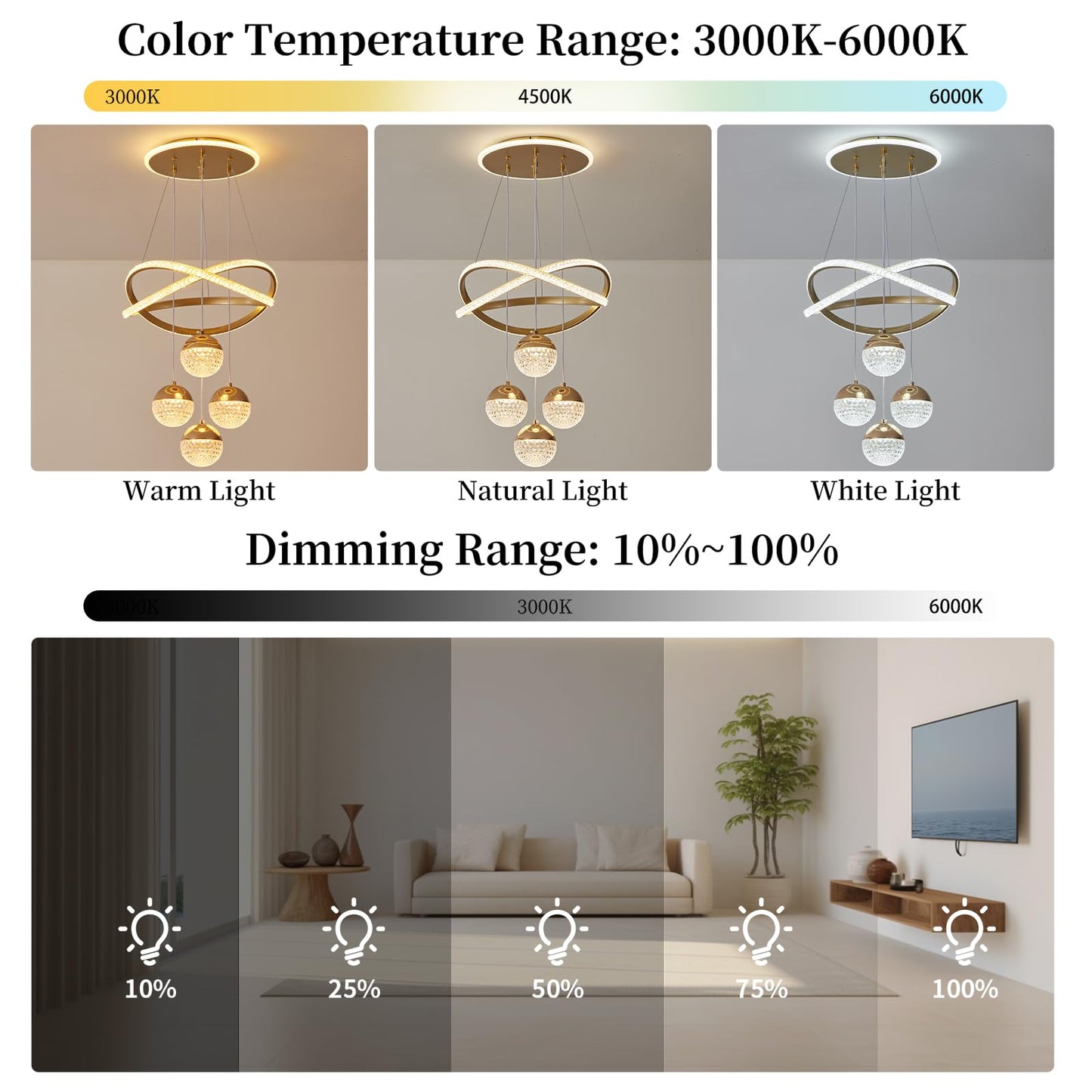 BCGMYLN Modern Gold LED Chandelier, Dimmable Pendant Light for Dining Room, Adjustable, Aluminum, Model WY-PL LIGHT