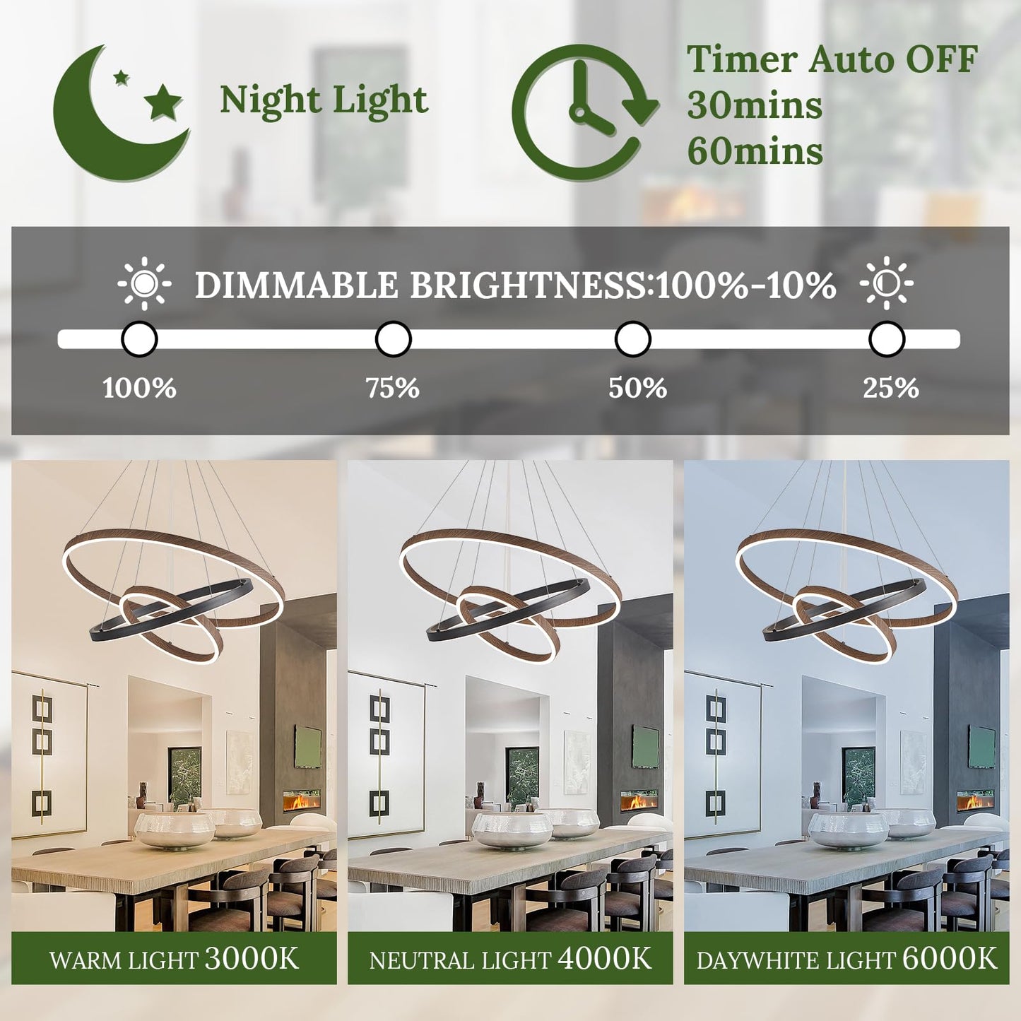 CaraLuxe LED Chandelier 3 Ring Pendant Light 75W Dimmable Black Walnut Wood 24in for Dining Room Living Room Kitchen