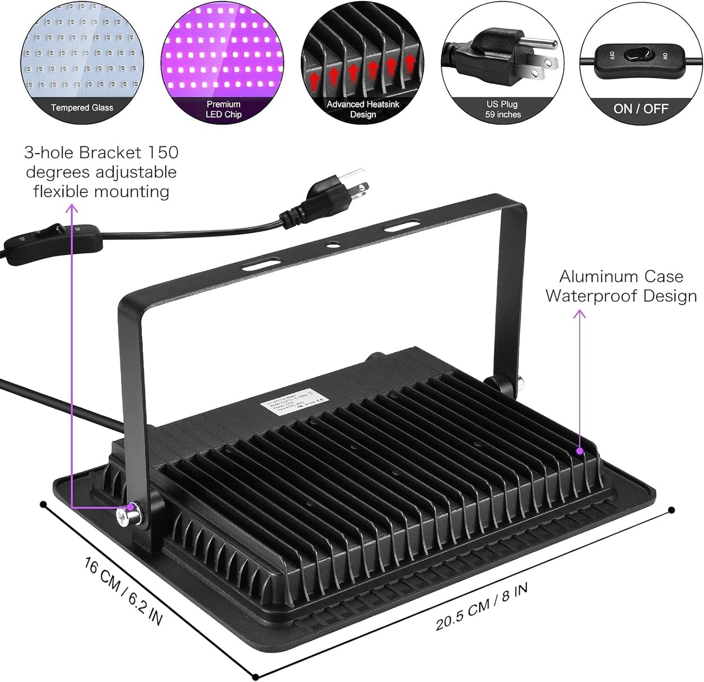 YANYCN 4 Pack 100W LED Black Lights, Blacklight Flood Light with Plug and Switch, 120VAC IP66 Waterproof Blacklight for Halloween Party, Glow in The Dark, Stage Light, Body Paint, Neon Glow