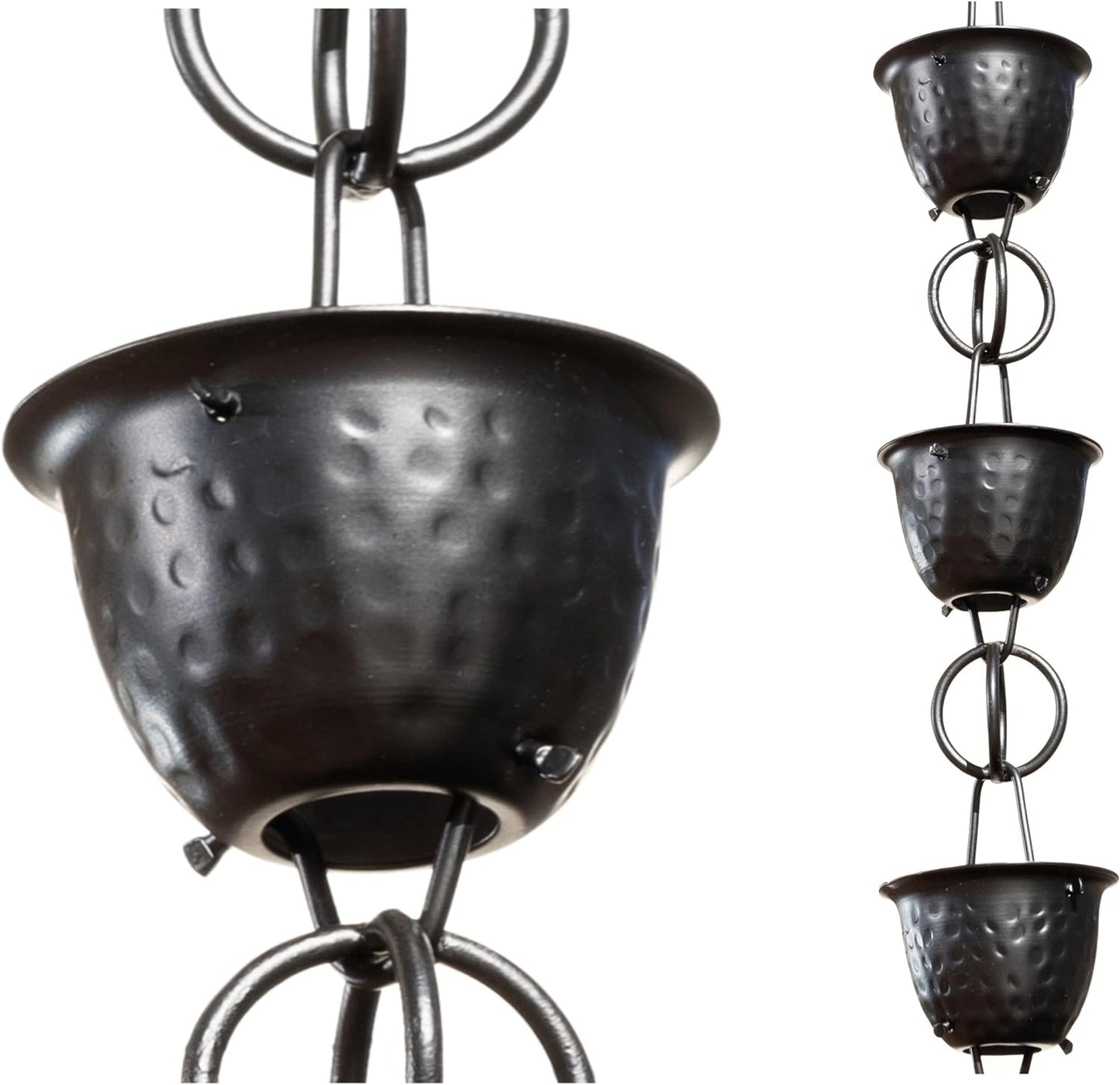 Monarch Rain Chains Aluminum Hammered Cup Rain Chain, 8.5 ft Black Powder Coated Aluminum Decorative Rain Catcher Chain for Gutters, Black Aluminum Rain Gutter Replacement Downspout