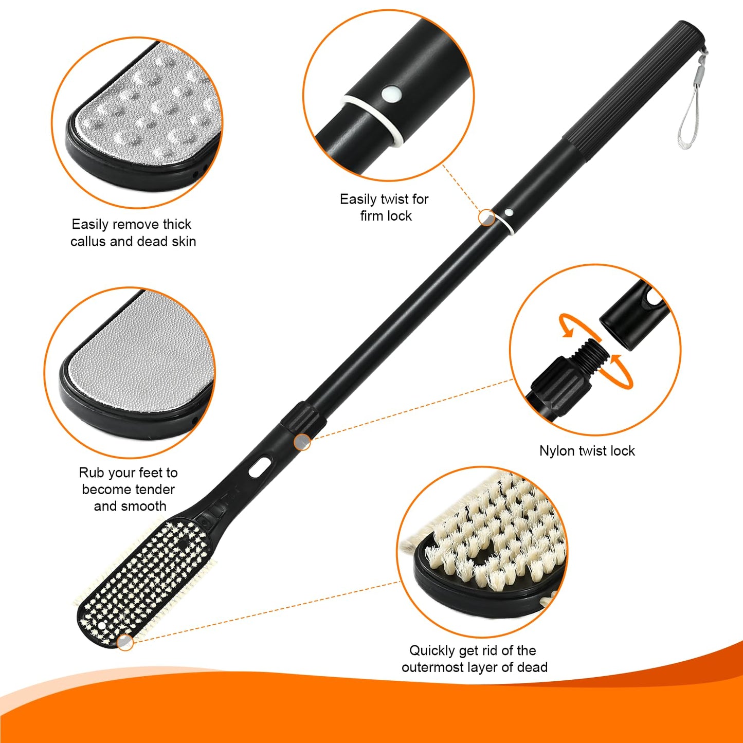 Gobiteli Toe Cleaning Brush Long Handle, 18.8 -25.9  Telescopic Long Handle Foot Scrubber Dead Skin Remover,Foot File for Feet C