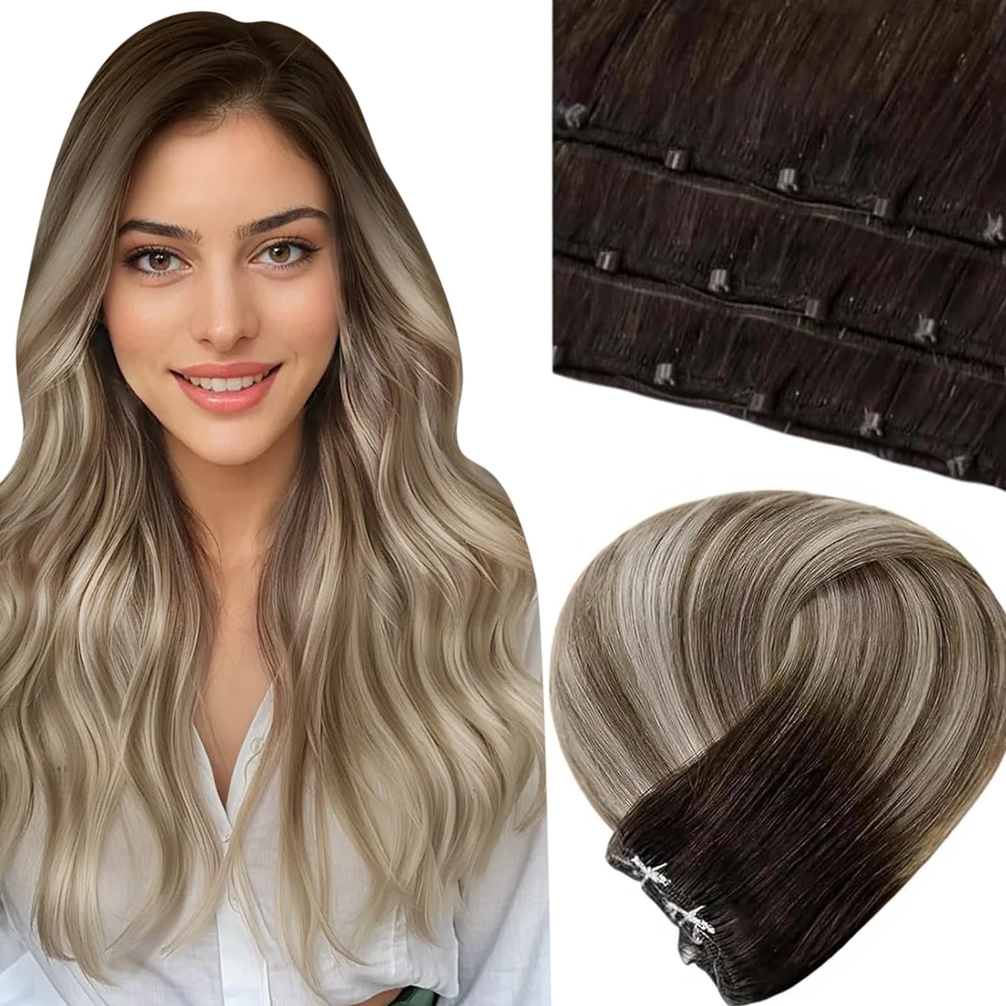 LaaVoo Beaded Weft Extensions Balayage Brown to Blonde Beaded Weft Hair Extensions Real Human Hair Micro Beads Hair Extensions B