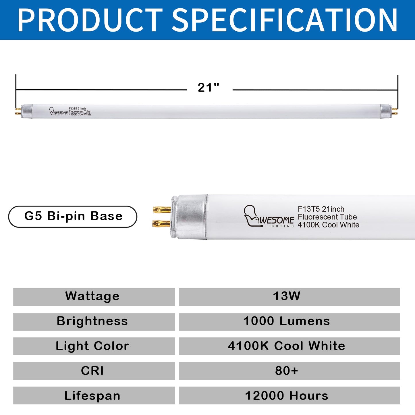 Wesome Lighting 8 Pack 21 Inch F13T5/Cw Fluorescent Light Bulb  4100K Cool White  T5 13 Watts Fluorescent Replacement Bulb For Counter And Cabinet Fixture  G5 Base