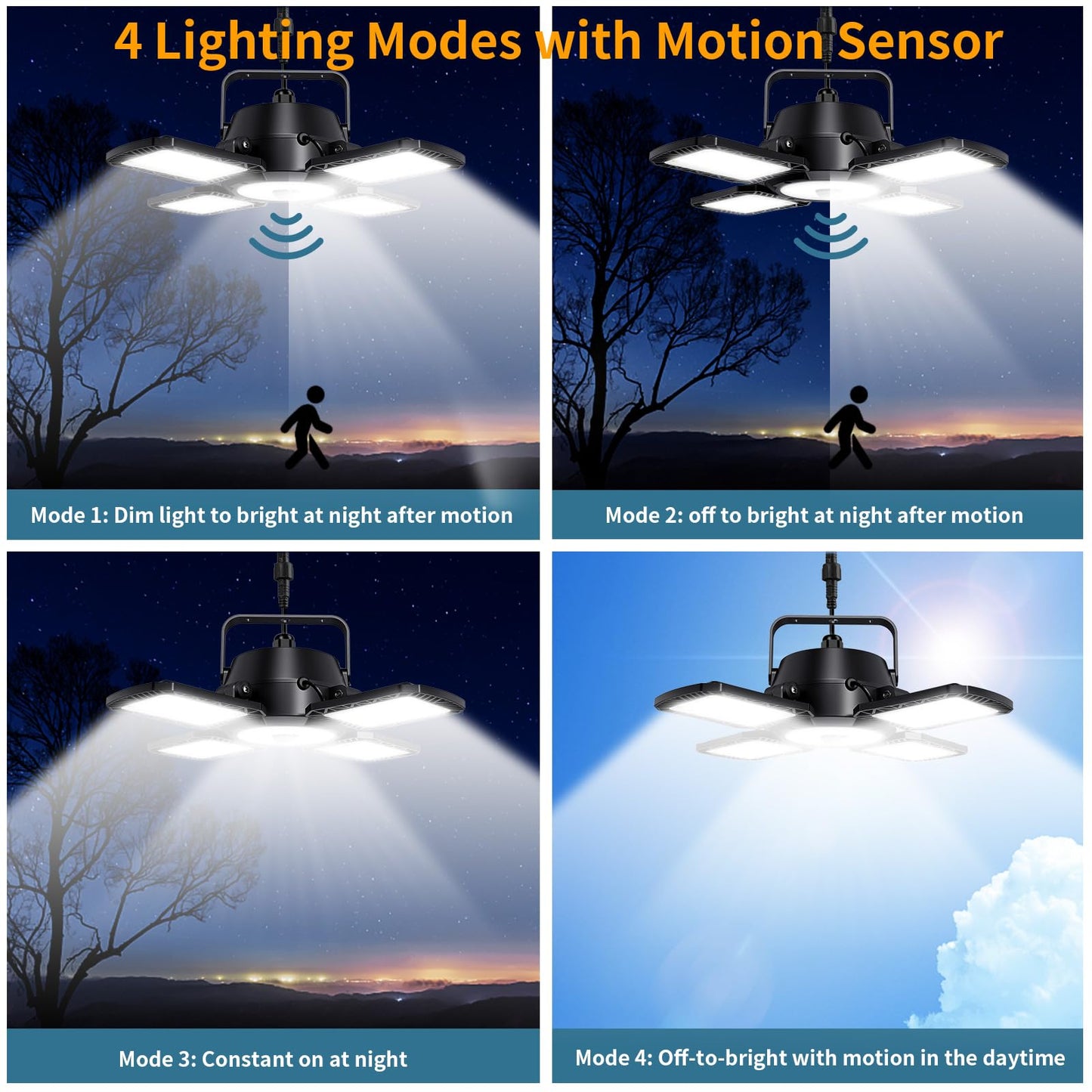 Auzev Solar Shed Light - 128LED Motion Sensor Pendant, 4 Modes, Black, Indoor/Outdoor