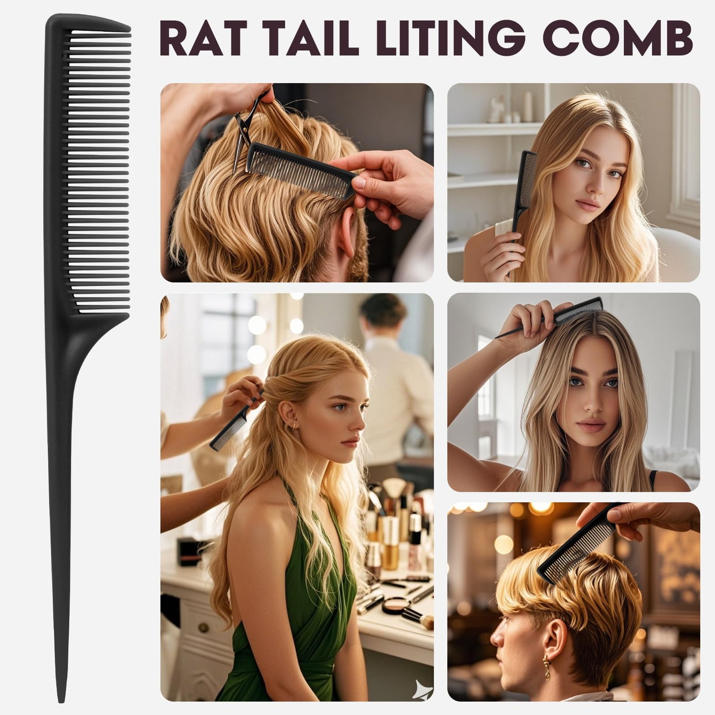 Rat Tail Comb Set-3Pcs Rat Tail Hair Teasing Fine Tooth Combs for Women Girls, Parting &Hair Styling Tools(Black Purple Green)