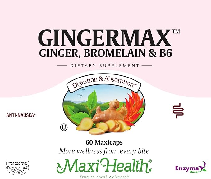 Maxi Health Gingermax - Ginger - Bromelain & Vitamin B6 - Digestion Health - 60 Capsules - Kosher