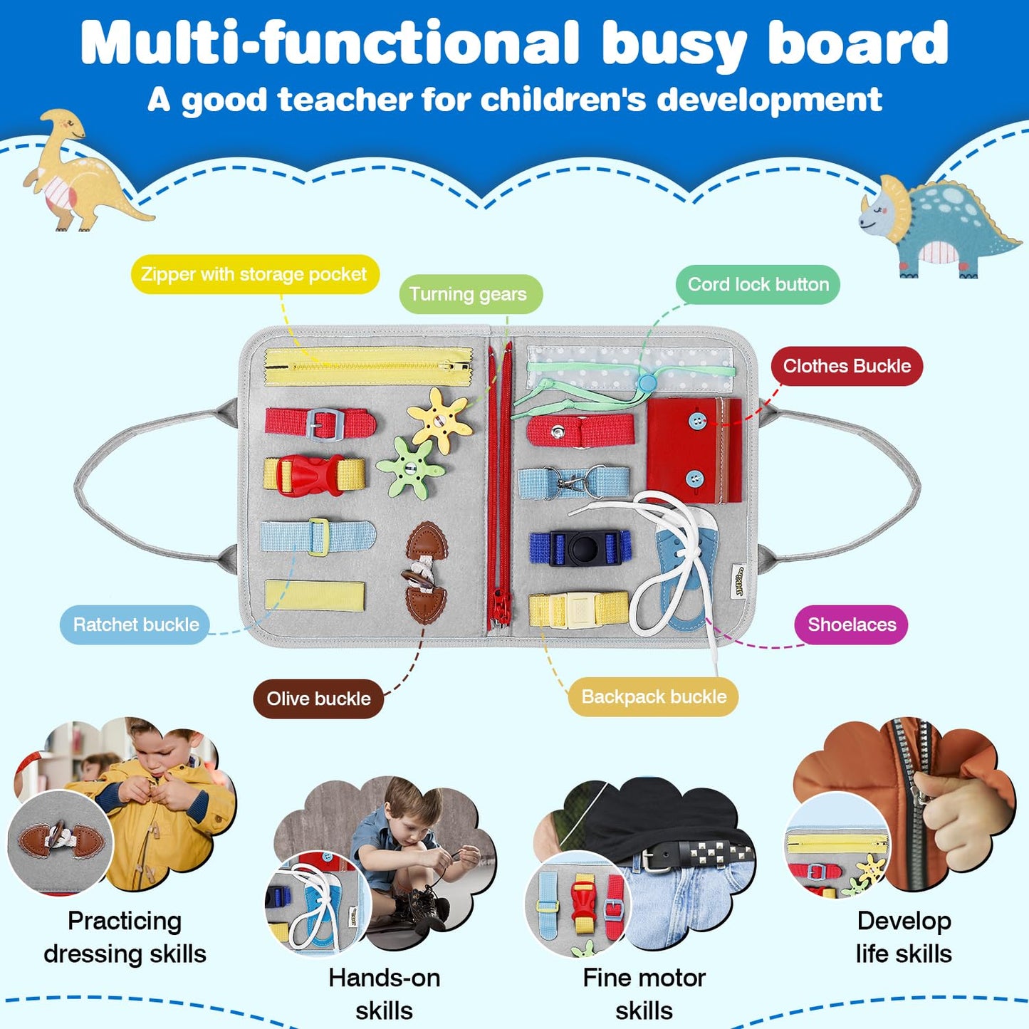 JHkim Busy Board Montessori Toys for 1 2 3 4 Year Old Boy & Girl Birthday Gifts, Autism Sensory Travel Toy for Toddlers 1-3, Educational Activity Sensory Board Learning Fine Motor Skills Toys, Gray