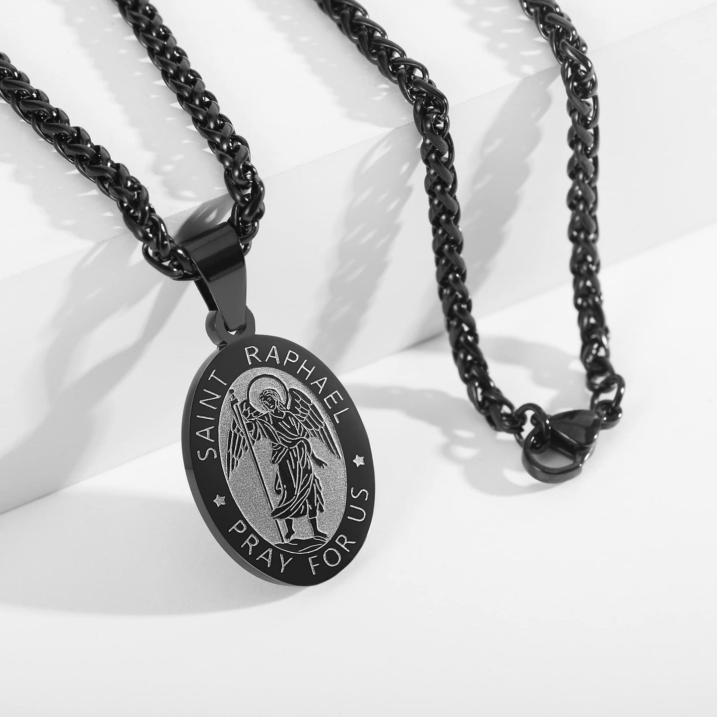 P. BLAKE Black St.Raphael Pendant Necklace for Men Stainless Steel Catholic Saint Raphael Archangel Medal with Chain 24 Inches