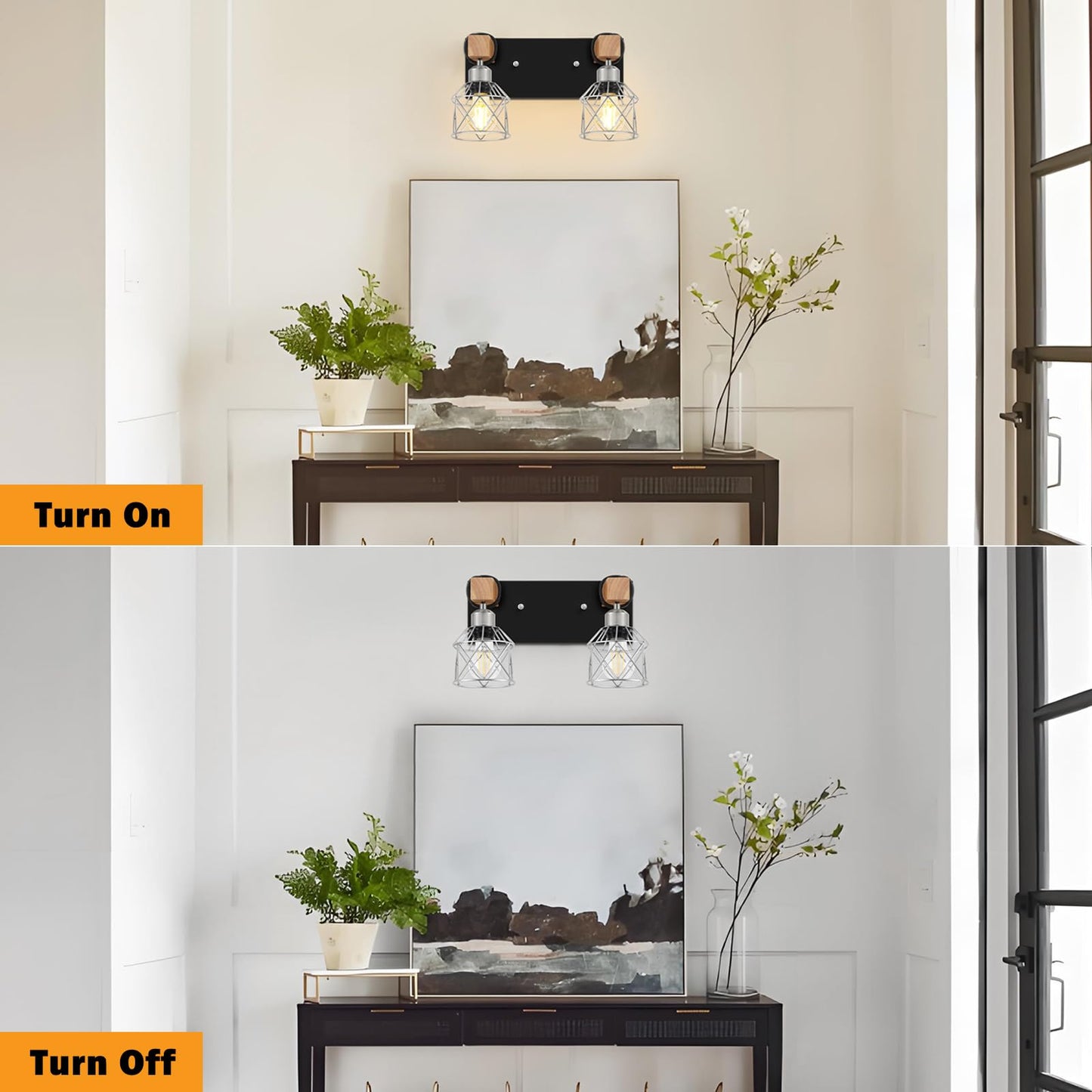 Fadimikoo Farmhouse Bathroom Light Fixtures  Rustic 2-Light Wood Vanity Lights For Bathroom  Industrial Black Silver Wall Lighting With Metal Shade For Bedroom  Living Room  Hallway
