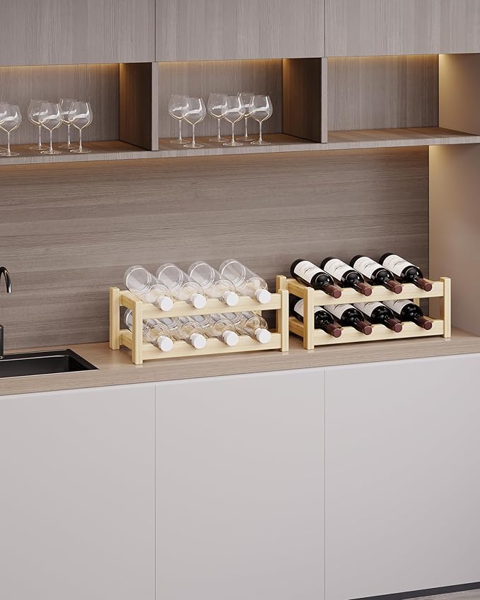 Countertop Wine Rack for Inside Cabinet, Solid Wood 2-Tier Wine Racks for 8 Bottles, Pinewood Liquor Storage Shelf, Water Bottle Organizer for Pantry, Kitchen, Bar, Dining Room (Natural Oak)