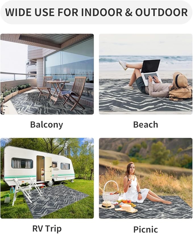 MontVoo Outdoor Rug Waterproof-Patio Rug Mat 9x12 Outdoor Carpet Reversible RV Camping Picnic Plastic Straw Rug Outside Outdoor Area Rug for Balcony Deck Backyard Patio Decor Modern Abstract