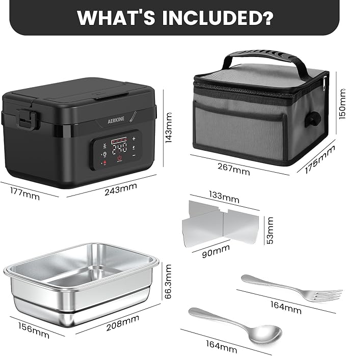 Electric Lunch Box - Rechargeable 75W Self-Heating Food Warmer with 6.3 Cups(1.5L) Stainless Steel Container, Heated Lunch Box For Office, Picnic, Car & Outdoor Use(Black)