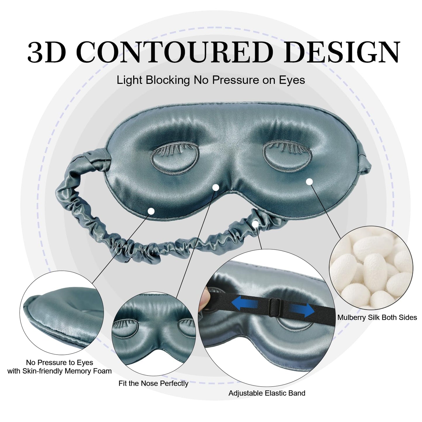 ZIMASILK Adjustable 22 Momme 100% Mulberry Silk Sleep Mask, 3D Contoured Cup Eye Mask for Sleeping, Super Soft Breathable Blindfold, Perfect Blocks Light for Sleeping. (Bluestone)