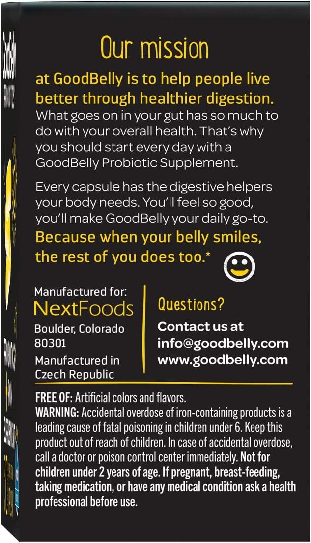 GoodBelly Probiotic Capsules for Digestive Health & Iron Absorption | Vegan Probiotic Supplement with 10 Billion Live Cultures | Probiotics for Women & Men | 30 Capsules