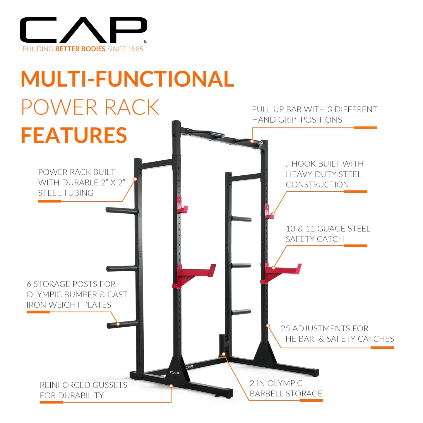 Cap Power Rack with Pull Up Bar & Attachments - Squat Rack & Strength Training Power Cage for Home Gym - Orange