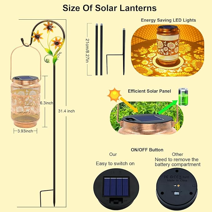 2 Pack Sunflower Solar Lanterns Outdoor Waterproof Solar Garden Decor, Birthday Gifts for Christmas Women Mom Grandma, Metal Hanging Lights with Shepherd Hook for Outside Yard Patio Pathway Backyard
