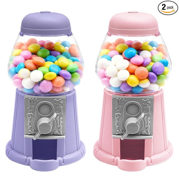 Heleeron Mini Gumball Machine Food Candy Dispenser for Kids,Vintage-Style Bubble Gum Machine (2 units-pink and purple)