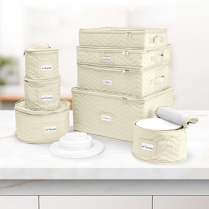 Sorbus China Storage Containers (Quilted) - Glass & Dish Storage Containers for Transport, Moving, Party - 8 Pc Stackable Plate Storage Set for Dinnerware, Mugs, Cups - Felt Plate Protectors Included