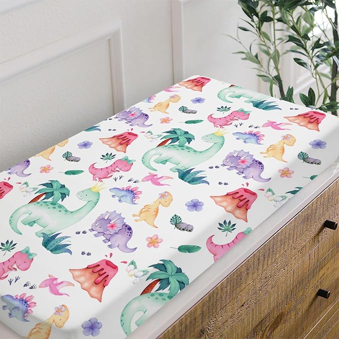 HawSkgFub Girls Dinosaur Changing Pad Cover for Baby Pink Purple, Dino Animal Tropical Diaper Change Table Covers, Ultra Soft Stretchy Breathable Safe Snug Fitted Changing Mat Sheets Fit 32"/34" x 16"