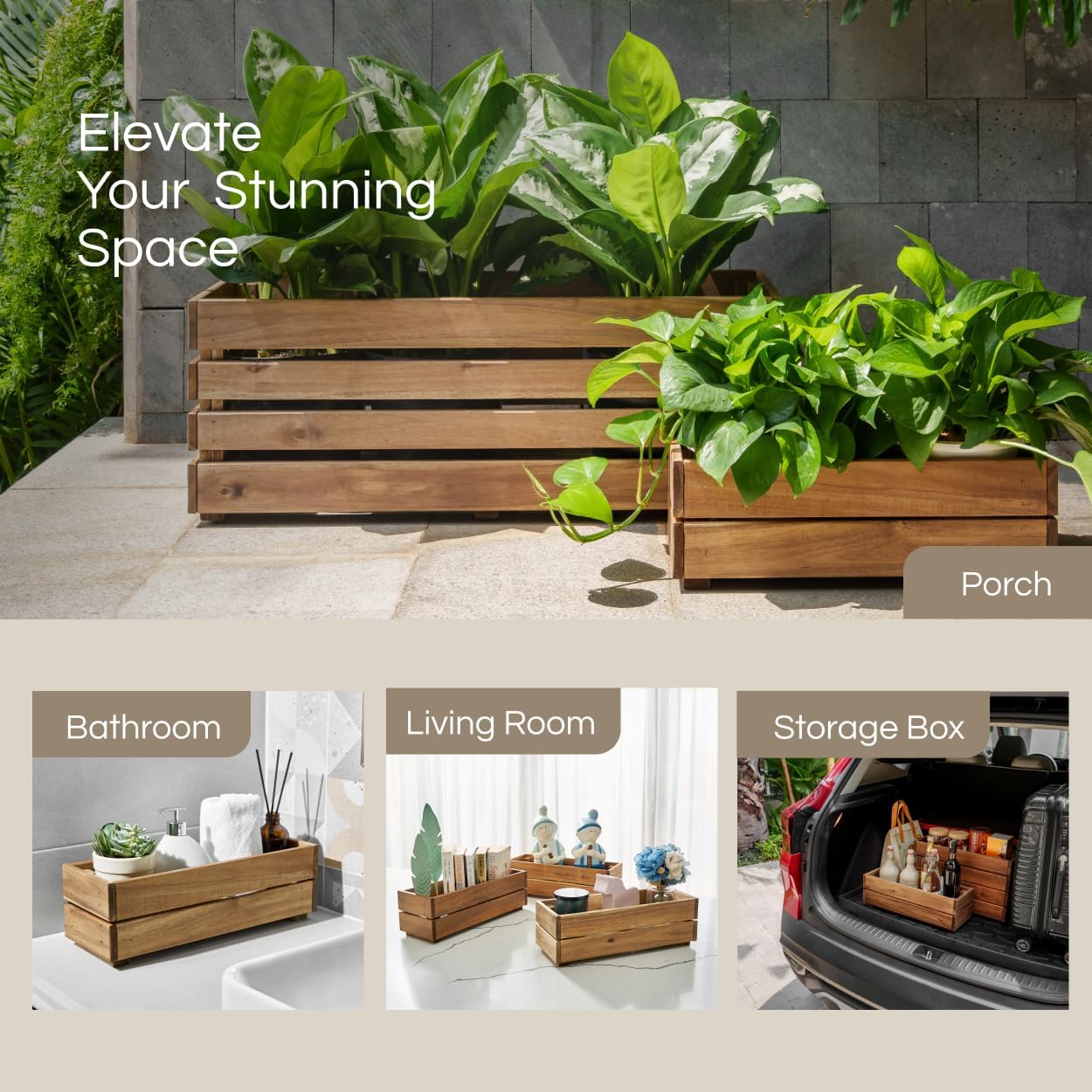Wooden Planter Box, Storage Box 17”L x6”W x5.5”H with Crate Style, Acacia Wood Flower Container, Rustic Rectangle Planter for Planting, Decor and Storage - 3 Colors (Golden Teak)