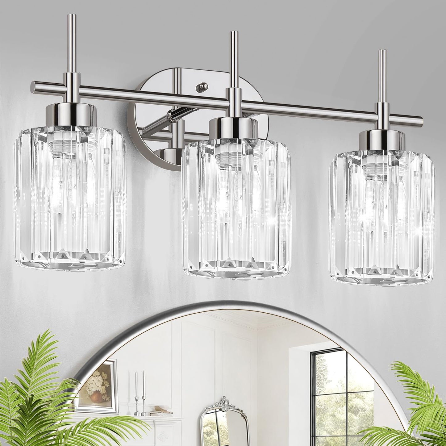 Meybiok Modern Crystal Bathroom Vanity Light, 3-Light Chrome Vanity Light with Clear K9 Crystal Shades, Bathroom Light Fixtures Over Mirror (Bulbs Not Included)