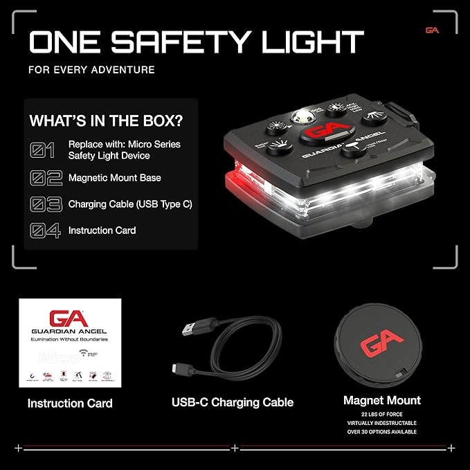 Guardian Angel Micro Series Safety Lights, (All White Front & Red Rear) | Rechargeable, Magnetic & Hands-Free Wearable LED Flashlight for Dog Walking, Cycling, Hiking, Camping & Fishing