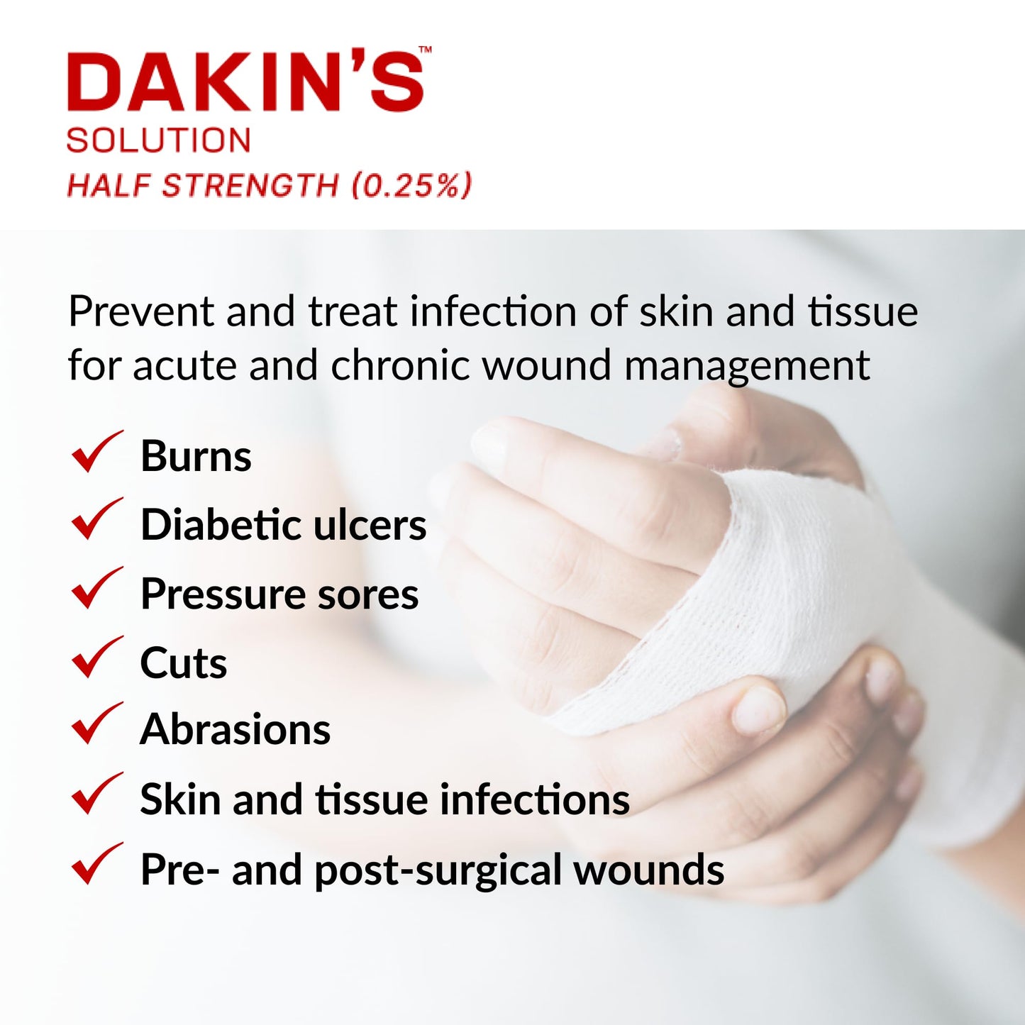 Dakin's Solution Half-Strength 0.25% Sodium Hypochlorite Wound Cleanser for Acute and Chronic Wounds, Antimicrobial No-Rinse Formula, Gentle on Skin, Safe for Home or Clinical Use, 16 oz