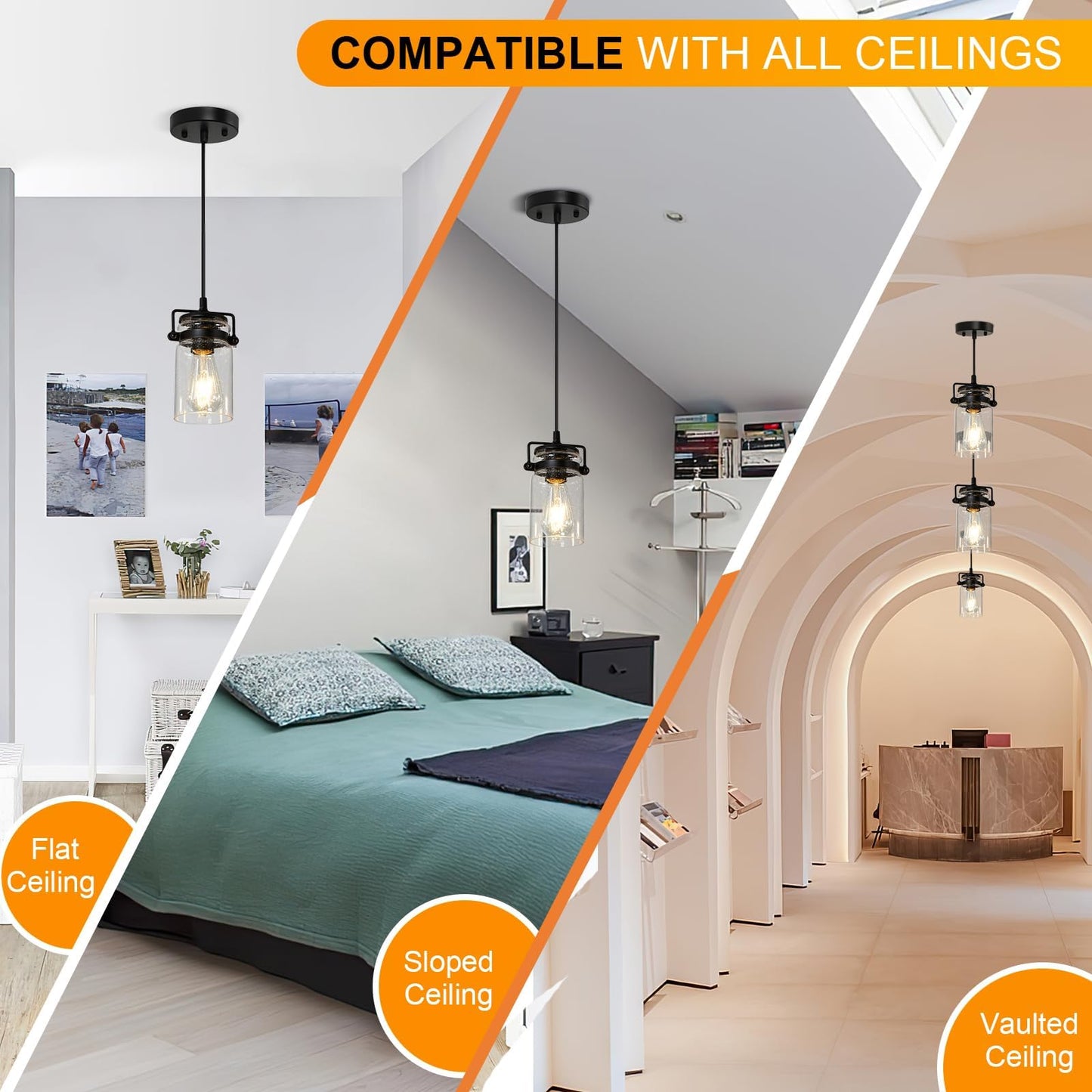 Industrial Pendant Lighting For Kithen Island  Black Pendant Light Fixture With Clear Glass Shade  Modern Mini Ceiling 3 Light Fixture Adjustable Kitchen Island Lighting(E26 Base)