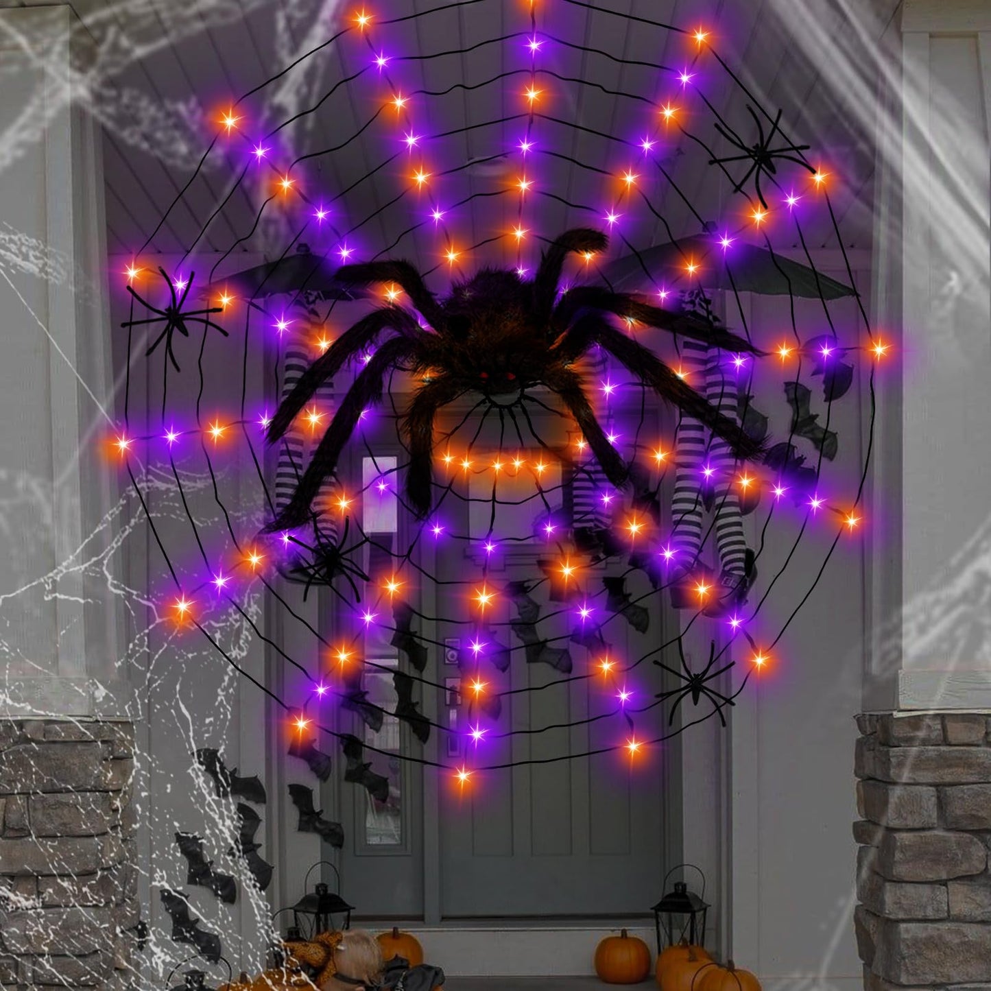 Anycosy Spider Web Lights - 80 LED, 4.3FT, Remote Control, 8 Modes, Orange & Purple, Model FT4-N80OP30