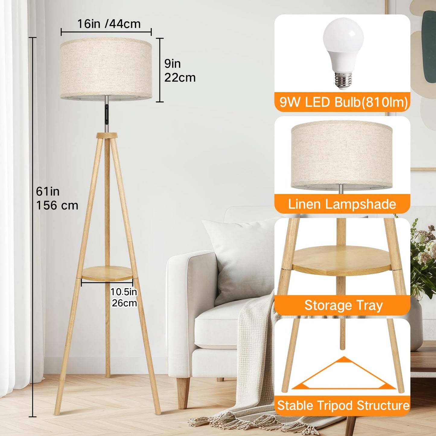 OUTON Wood Tripod Floor Lamp, Mid Century Modern, Dimmable with Remote, Beige Shade, Sturdy Design for Living Room, Bedroom, Office