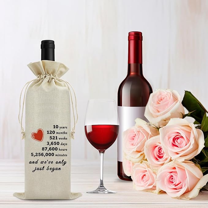 Sfodiary 10th Anniversary Wedding Gift for Wife Husband Wine Bag 10th Year Marriage Gift for Women Men Burlap Wine Wrap Bag Valentine Christmas Thanksgiving Gifts for Couples Wine Gift Bag