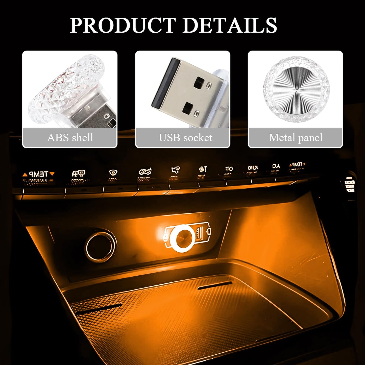 Hovom 4Pcs Usb Led Car Interior Atmosphere Lamp  Portable Mini Car Led Night Light Decoration  Plug-In Usb Automotive Ambient Lighting Kit  Universal For Cars Suvs Trucks Rvs (Yellow)