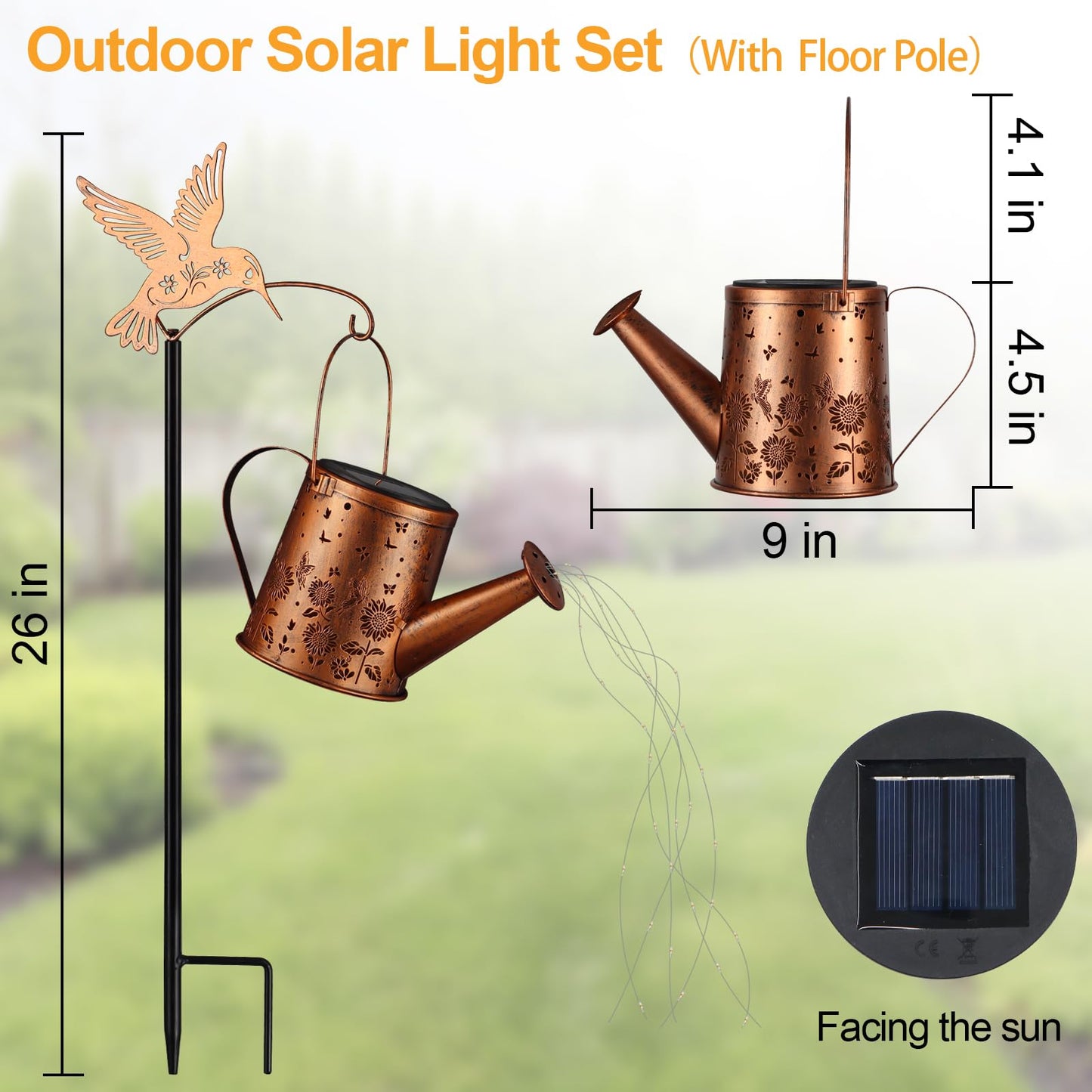 Outdoor Hanging Solar Lantern Waterproof Set Outside Metal Sunflower & Butterfly Watering Can Landscape Lights For Garden Yard Patio Pathway Decor Birthday Gifts For Women Mom Grandma -With Floor Pole